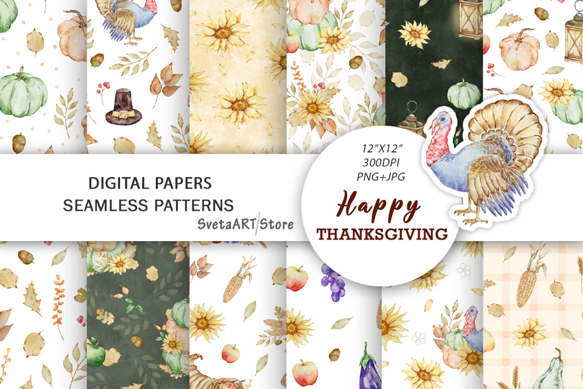 Watercolor Thanksgiving Pattern, a Seasonal Illustration by SvetaArtStore (Photo 1 of 6)