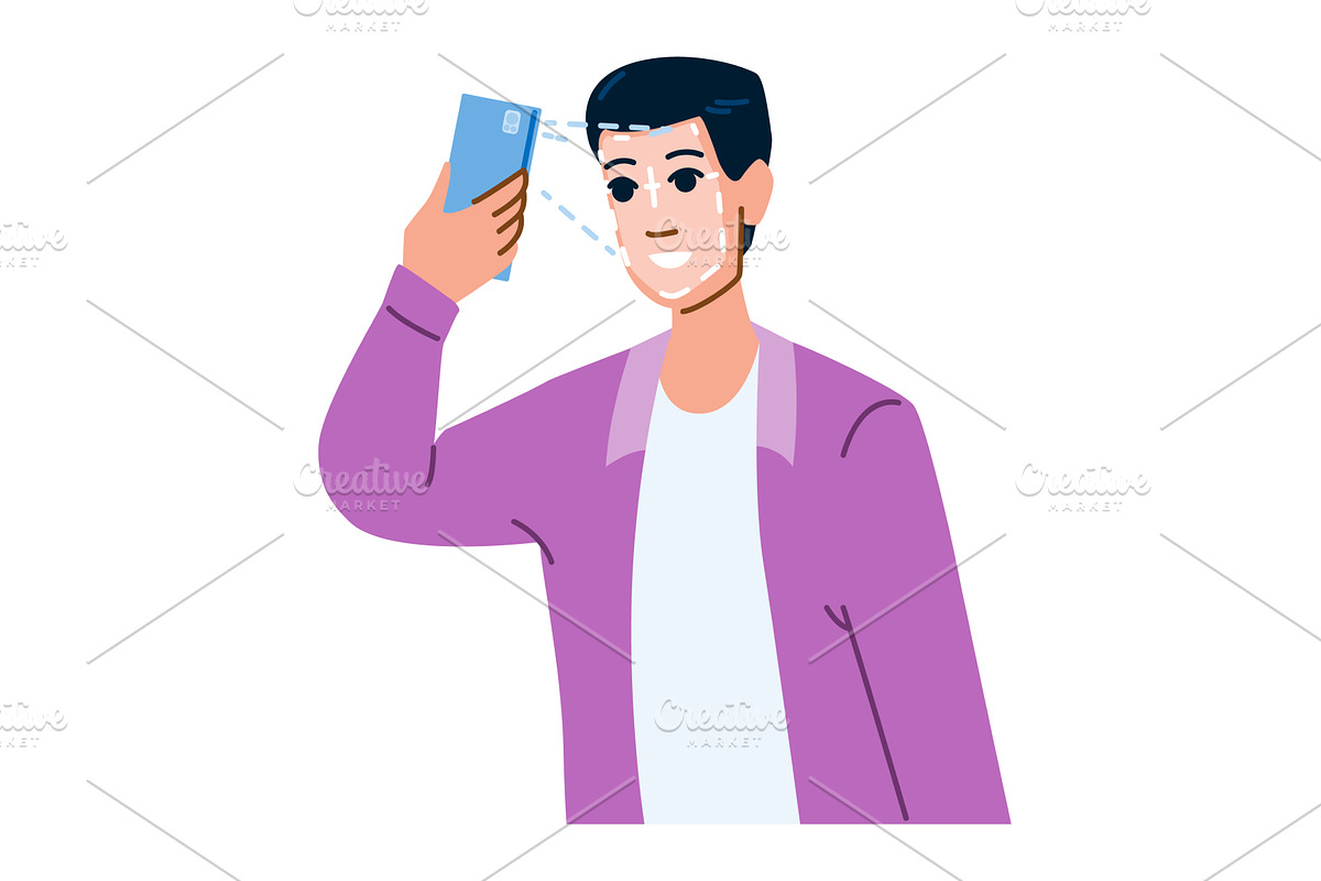 Man using facial recognition on, a Technology Illustration by pikepicture
