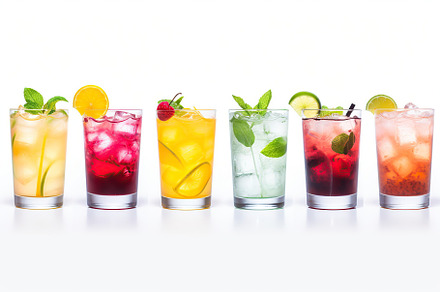 Different alcohol cocktails on white background, a Food & Drink Photo by AlyaAnd