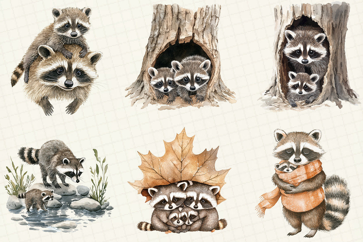 Watercolor Raccoon & Kit Clipart, an Illustration by OK Design (Photo 2 of 5)