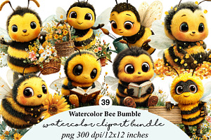 watercolor bee bumble clipart bundle, an Illustration by GatewayDesign