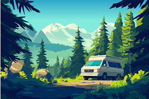 Forest camp with picnic van, a Sport Illustration by Valerie Bodnar