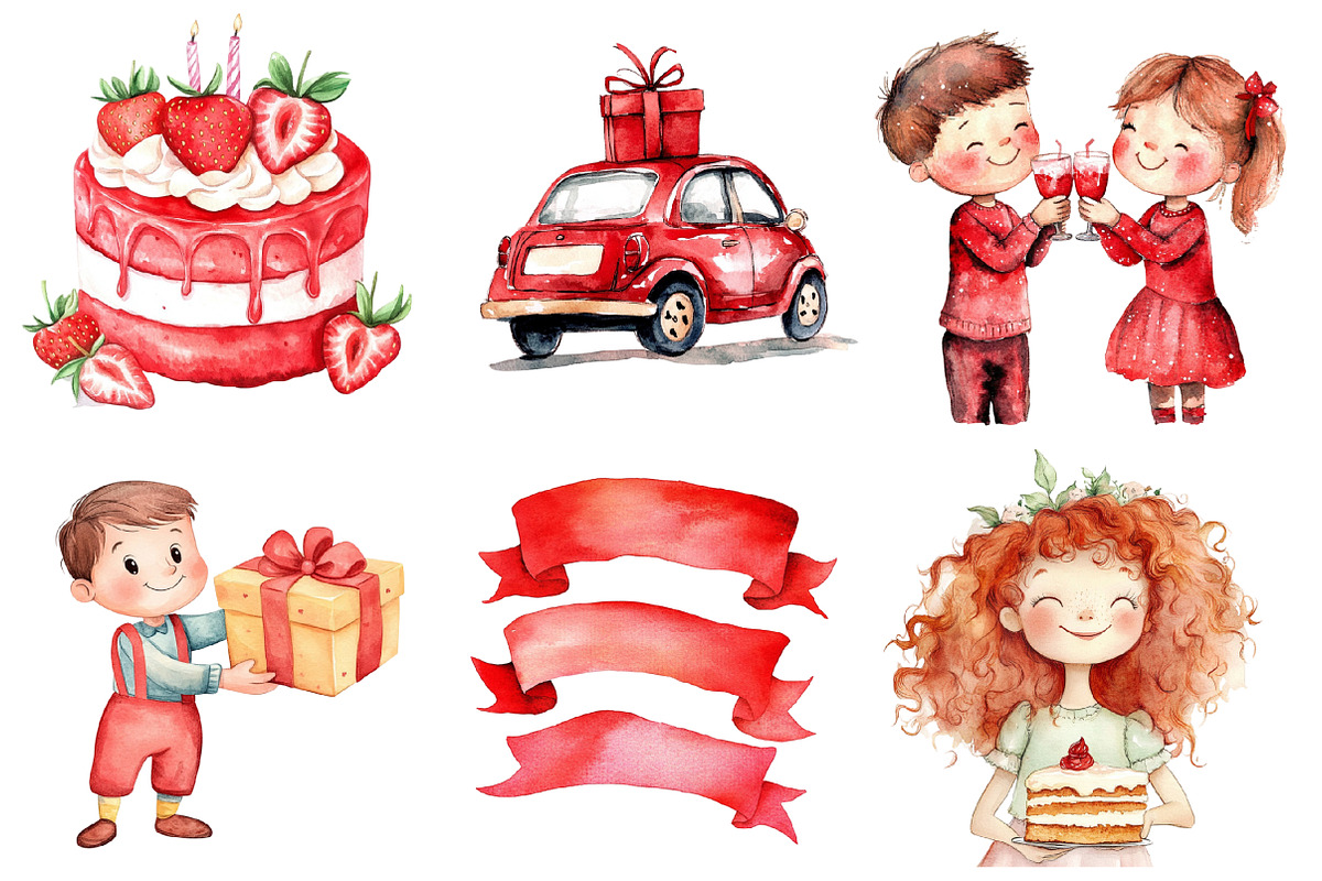 Red Kids Birthday Watercolor Clipart, an Illustration by SinaCreation (Photo 3 of 5)
