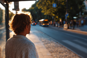 A contemplative woman waiting at a bus stop during sunset, surrounded by a warm, a Person Photo by ImageMir