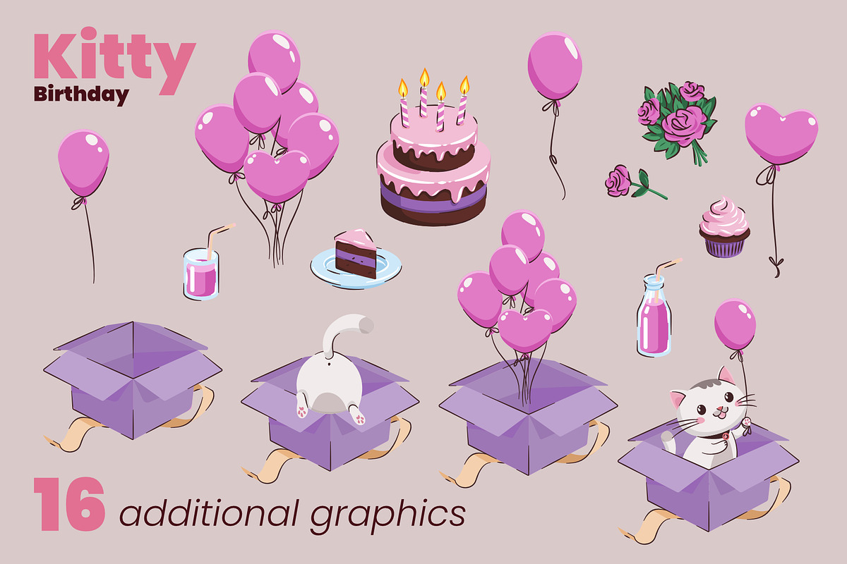 White Kitty Birthday collection, an Animal Illustration by moja doodle (Photo 3 of 4)