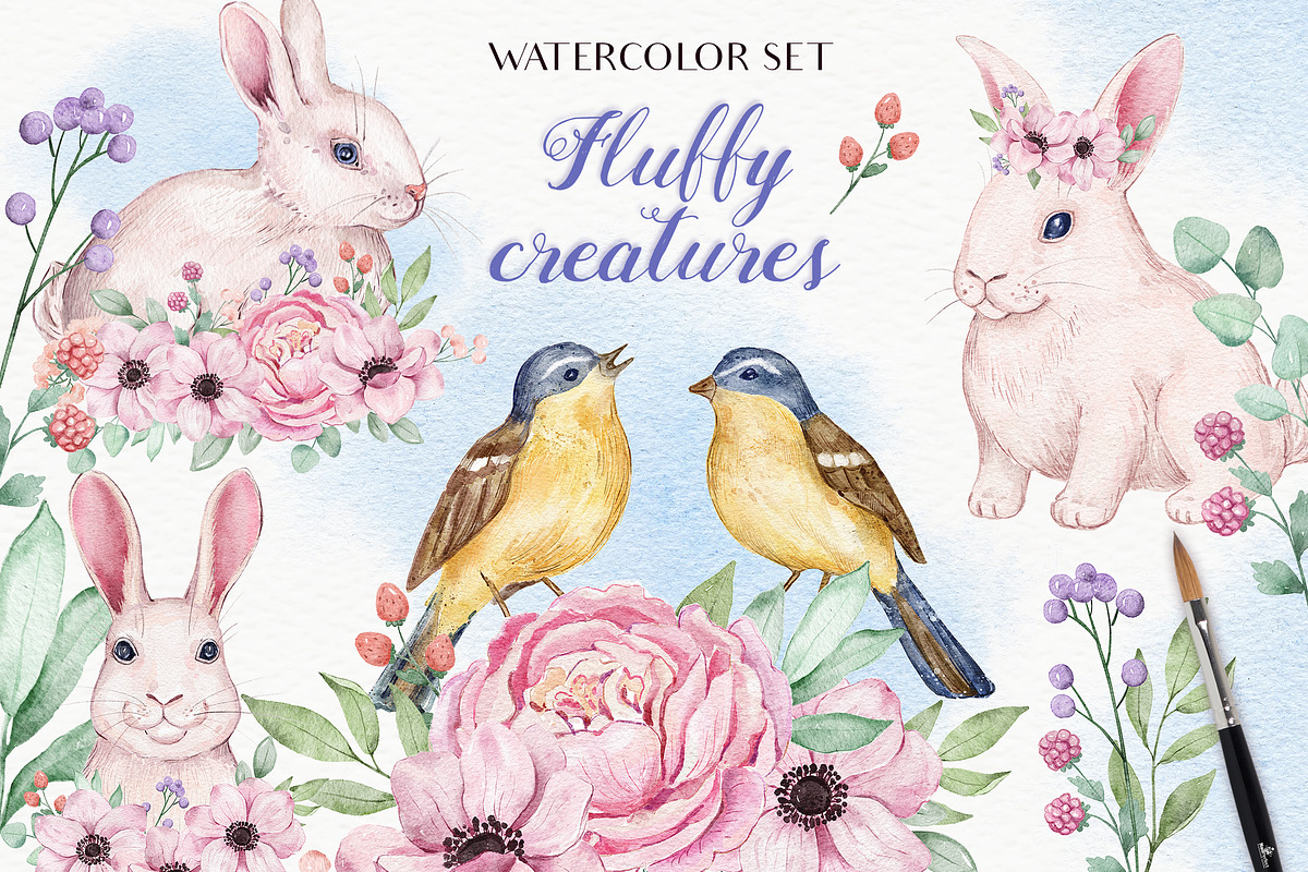 SALE! Fluffy Creatures - Watercolor, a Decorative Illustration by Irina Diasli (Photo 1 of 15)