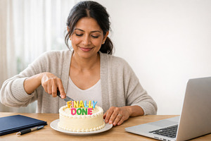 Woman cutting cake with finally done, a Photo by Dvoevnore photos