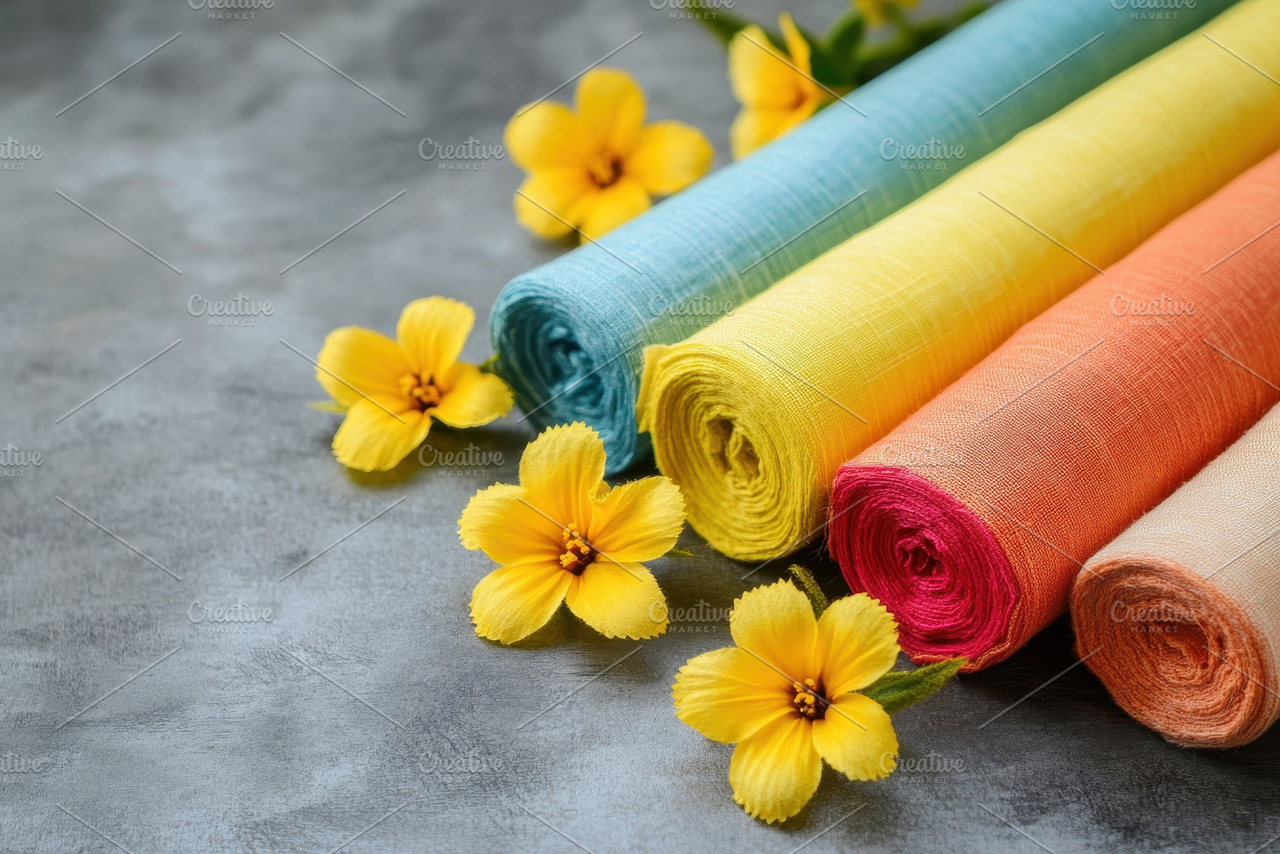 Colorful fabric rolls with vibrant y, a Photo by Pavel_design