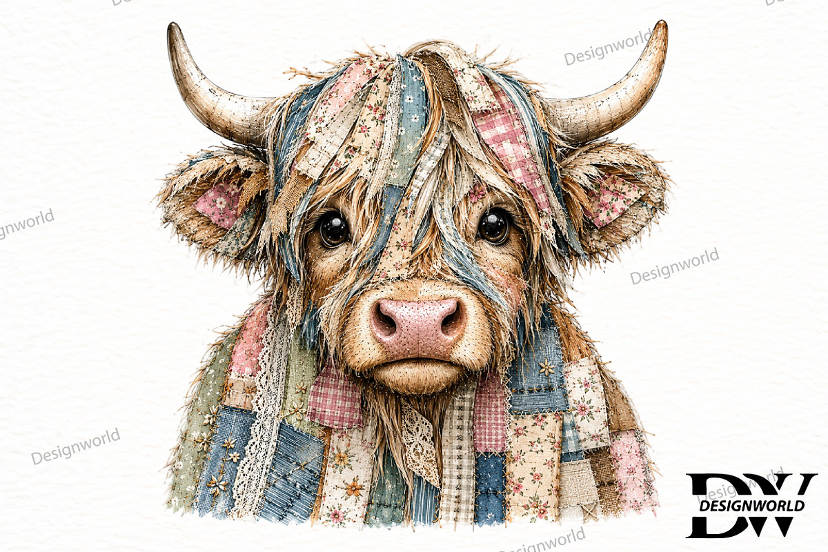Patchwork Highland Cow PNG, a Seasonal Illustration by Designworld (Photo 1 of 4)