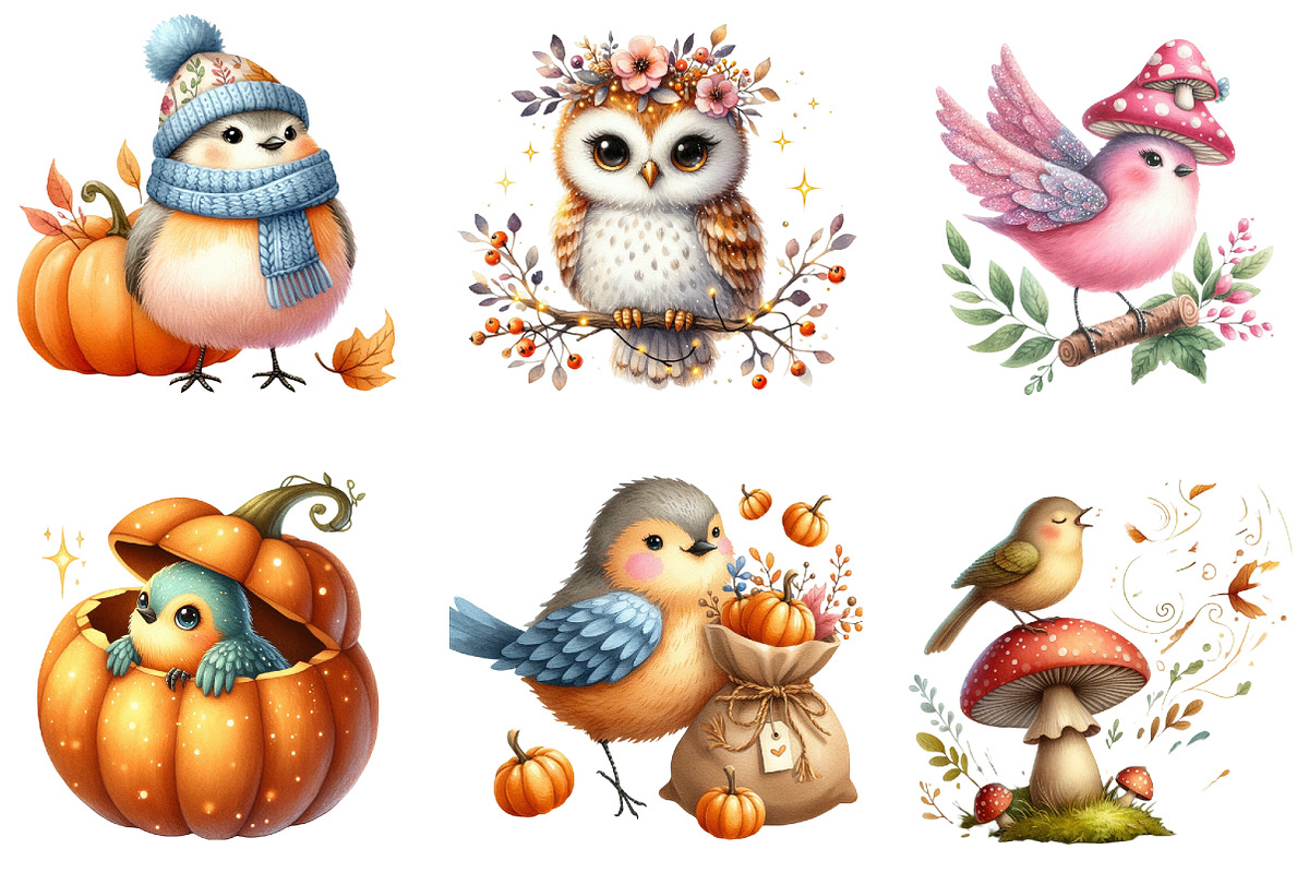 Whimsical Fall Birds Clipart, a Seasonal Illustration by DreamArtGraphic (Photo 3 of 4)