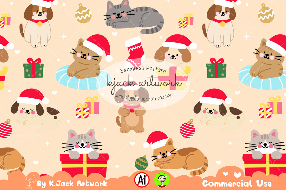 Christmas Pets Seamless Pattern, a Background Graphic by K.JackArtwork (Photo 1 of 8)