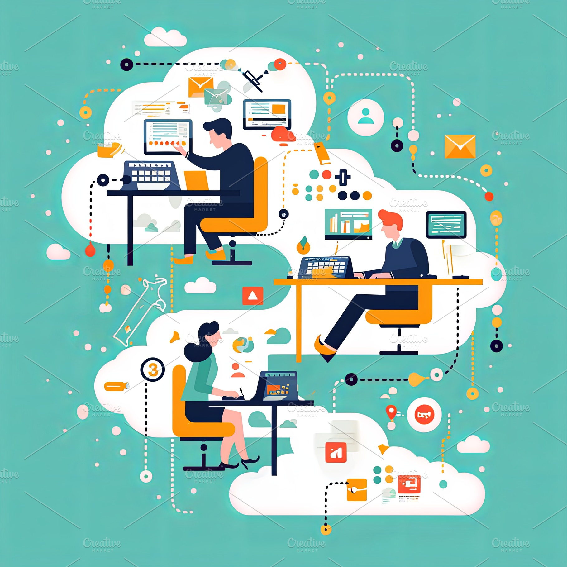Collaboration in a virtual office environment with cloud computing and teamwork, a Photo by AS photostudio