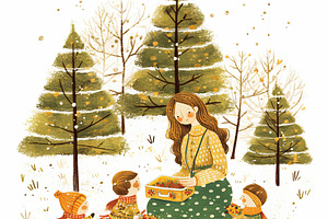 Illustration of a mother with children in a snowy winter forest picnic scene, a Photo by AS photostudio