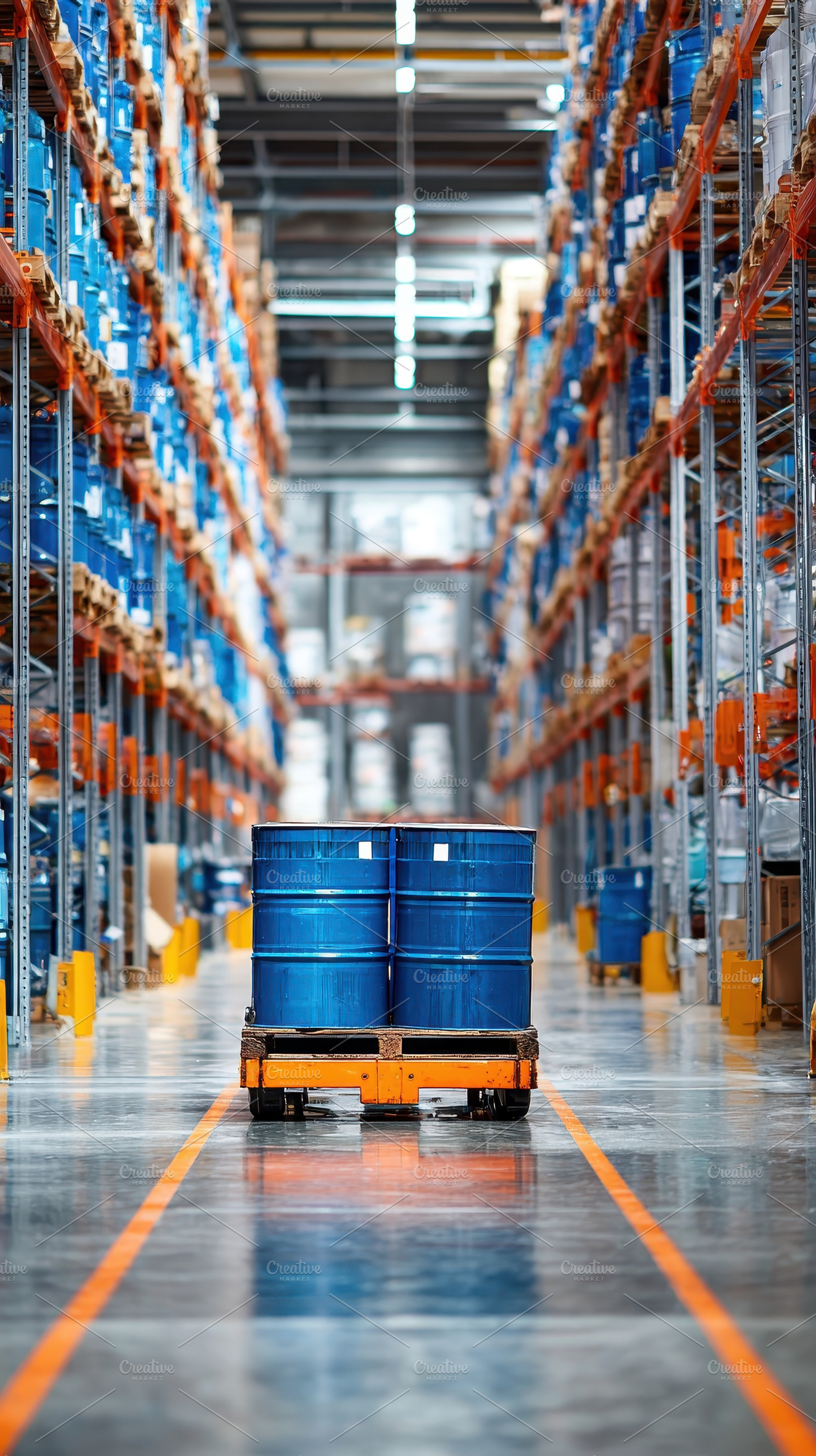 Blue barrels on a pallet in a wareho, a Photo by Pixeness Studio