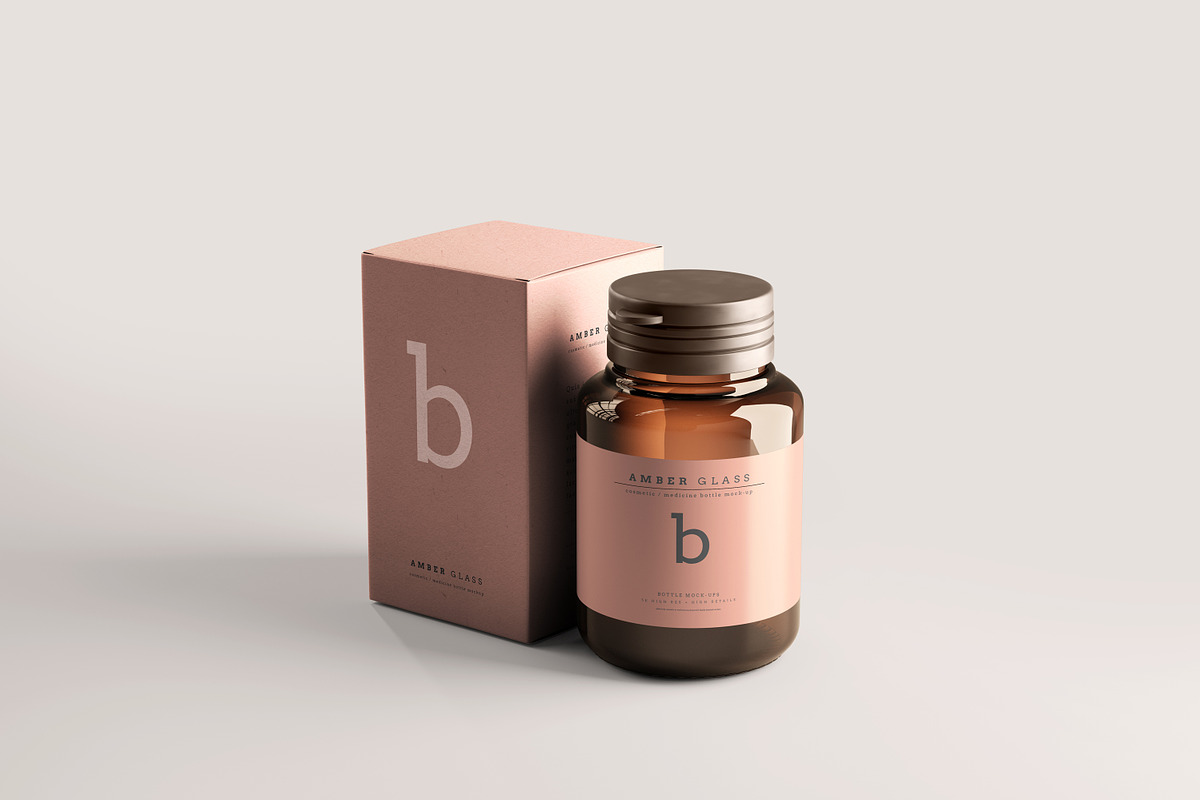 Amber Glass Bottle Mockups, a Cups & Container Mockup by pmvch (Photo 1 of 20)