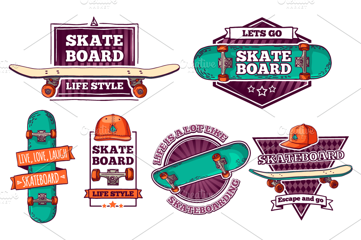 Set of colored skateboard badges, a Branding & Logo Template by Uniyok (Photo 2 of 4)