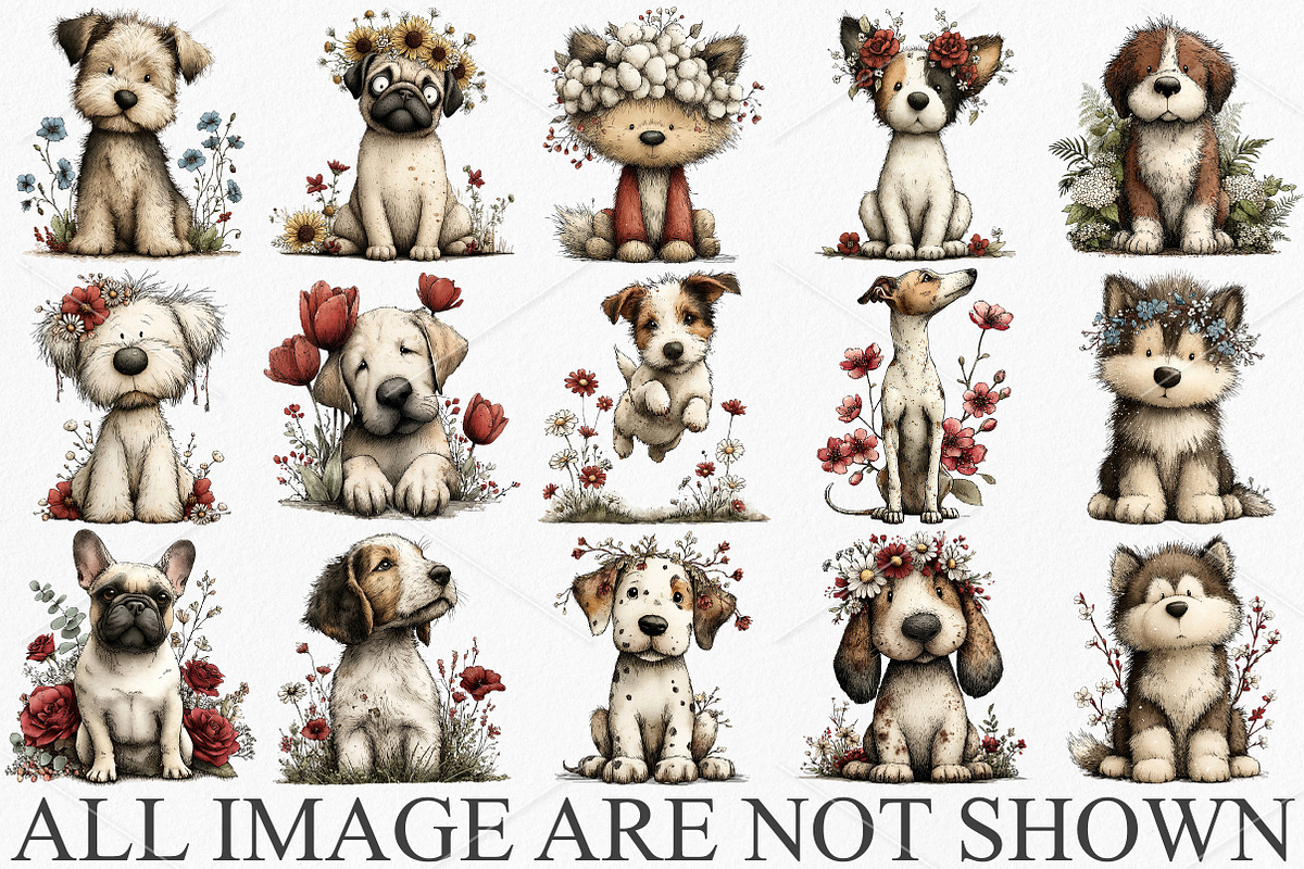 Whimsical Dogs Floral Clipart Bundle, a Seasonal Illustration by Canvas Craft (Photo 3 of 7)