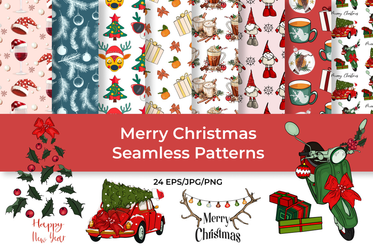 Merry Christmas Seamless Patterns, a Seasonal Illustration by InkyQueenArt (Photo 1 of 5)