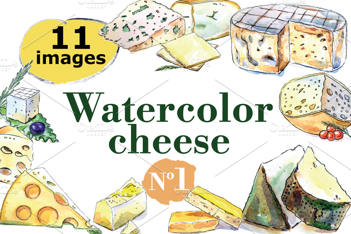 Watercolor cheese vector set, a Food Illustration by miminoshka (Photo 1 of 10)