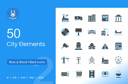 50 City Elements Blue & Black Icons, an Icon by IconBunny