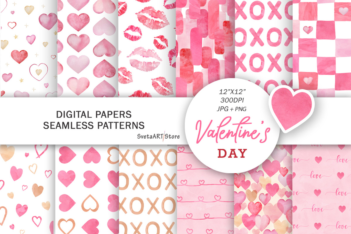 Watercolor Valentine Hearts Patterns, a Pattern Graphic by SvetaArtStore (Photo 1 of 6)