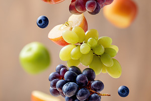 Fresh fruit display featuring grapes, apple slices, and blueberries in a colorf, a Photo by AlyaAnd