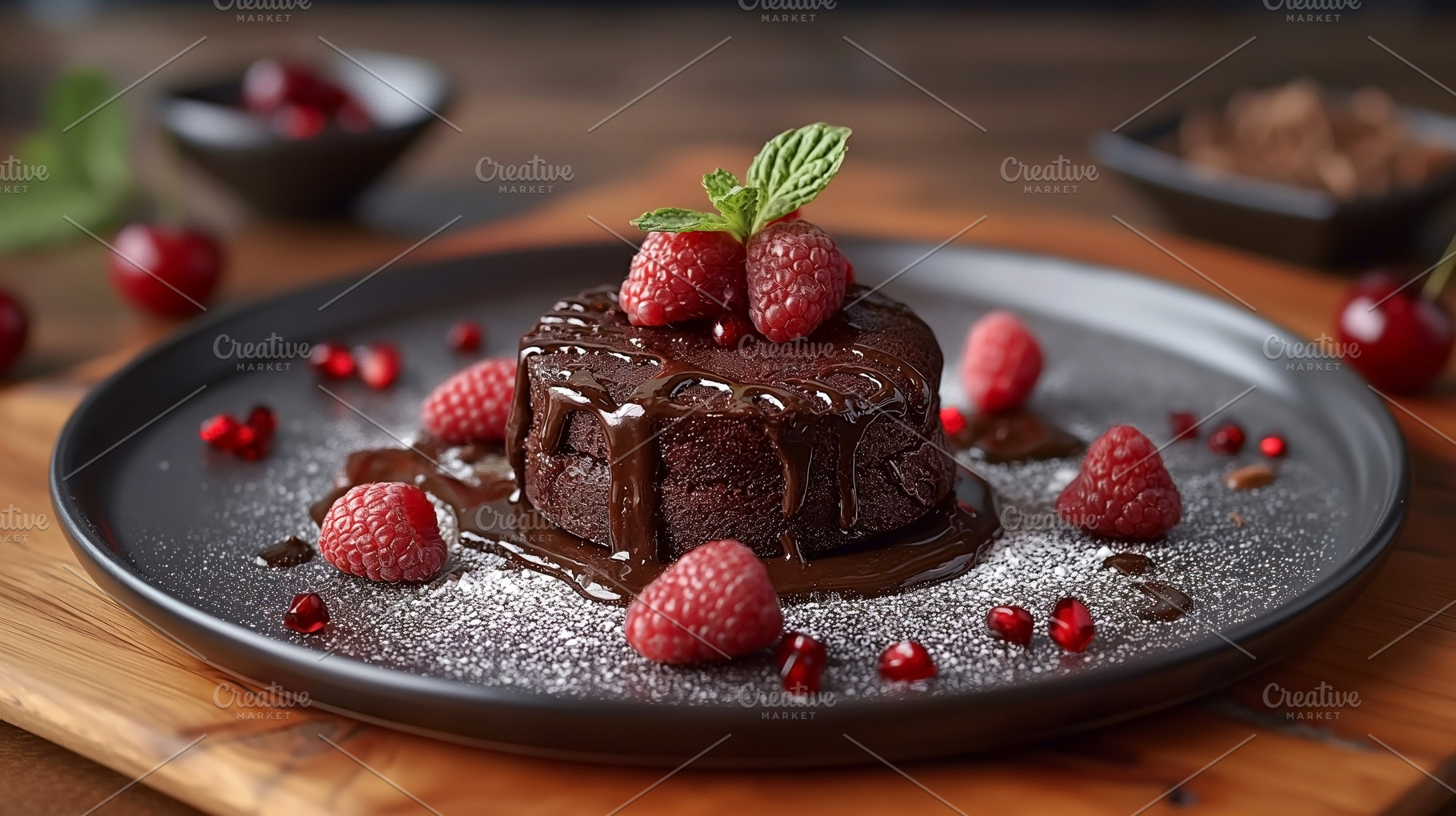Indulgent chocolate lava cake topped with fresh raspberries and, a Food & Drink Photo by ImageMir