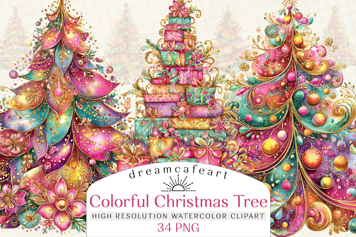 Colorful Christmas Tree Clipart, an Illustration by DreamCafeArt (Photo 1 of 8)