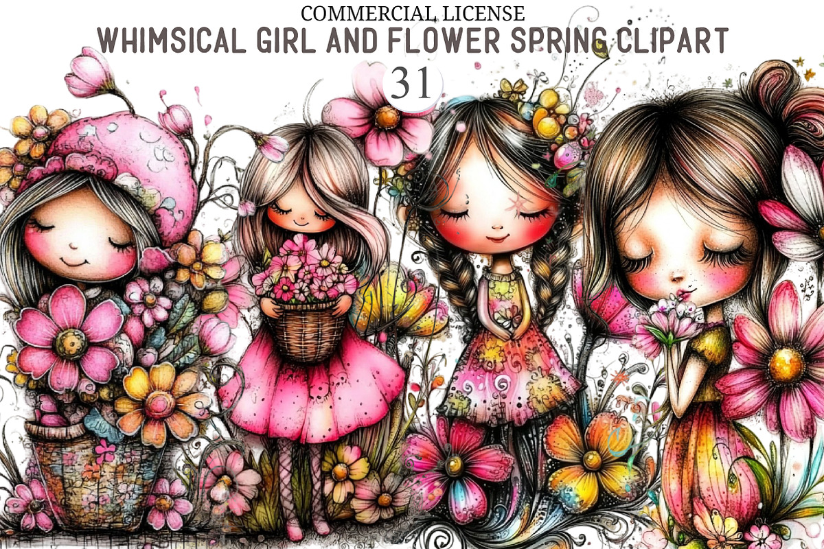 Whimsical Girl and Flower Spring Cli, an Illustration by designcity5 (Photo 1 of 5)