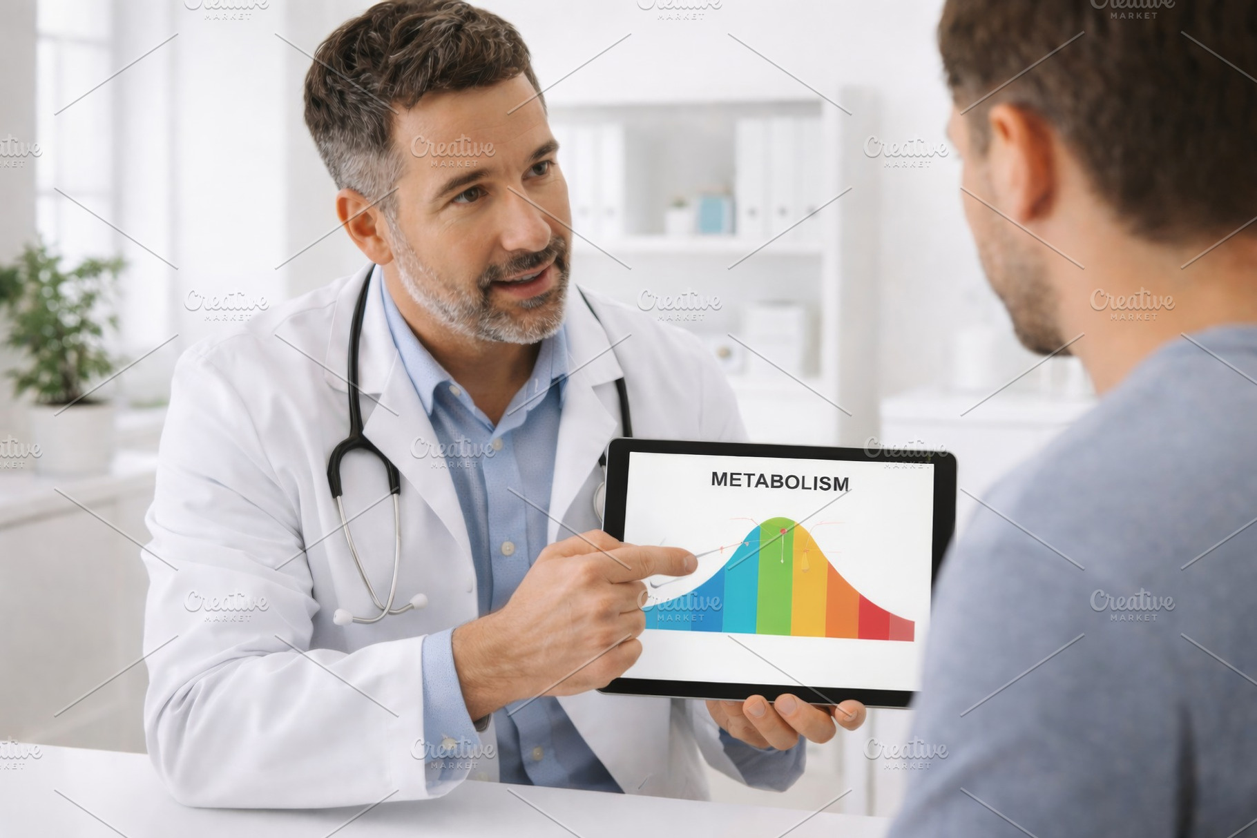 Doctor consulting patient about metabolism using tablet as educa, a Photo by Dvoevnore photos
