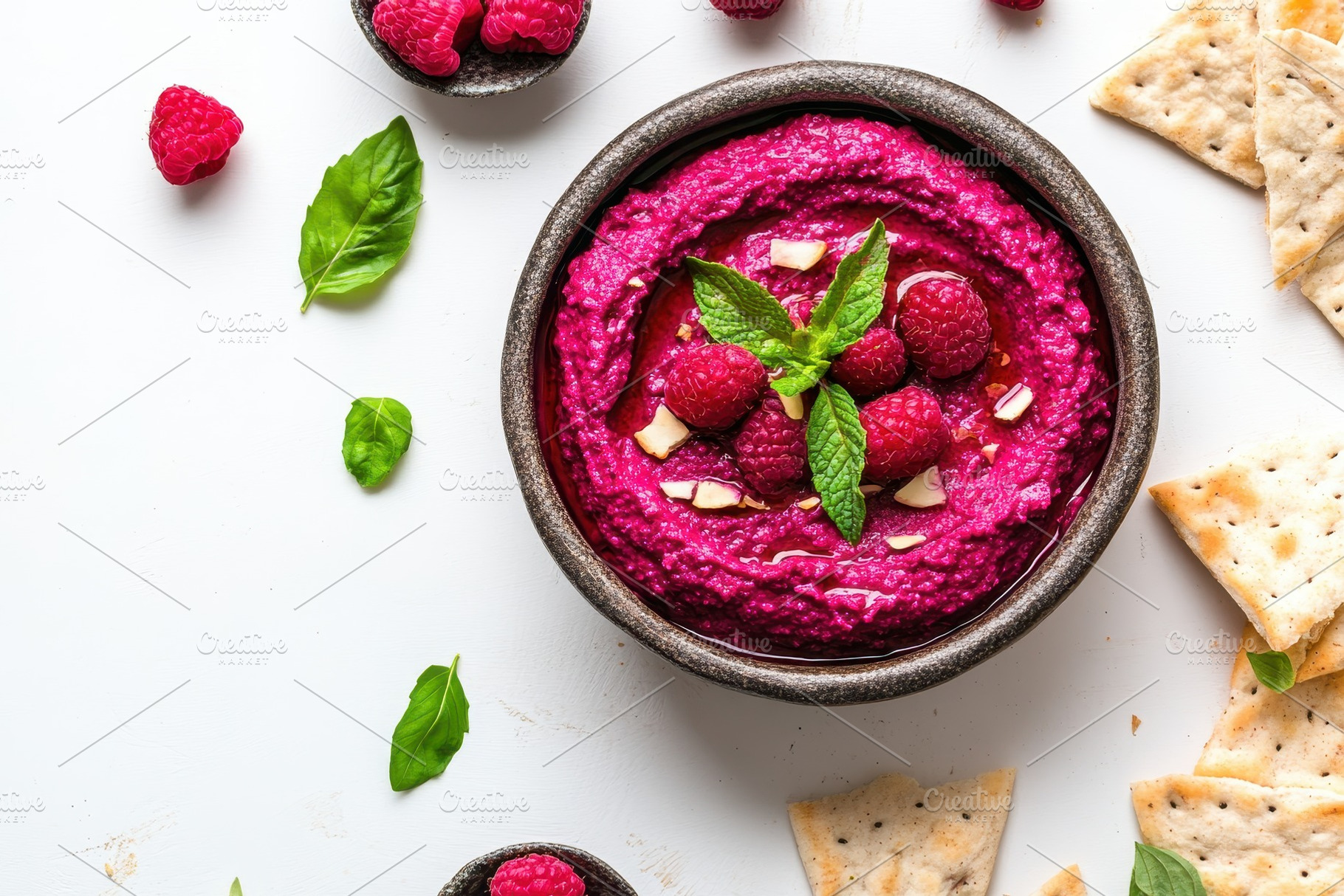 Delicious beetroot hummus garnished, a Photo by Pavel_design