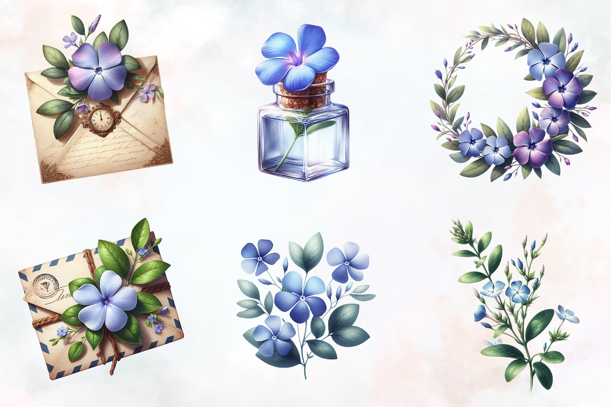 Periwinkle Flower Watercolor Clipart, an Illustration by RobertsArt (Photo 2 of 7)