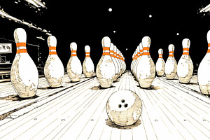 Perspective view of bowling pins aligned with a ball on the wooden lane, an Illustration by AS photostudio