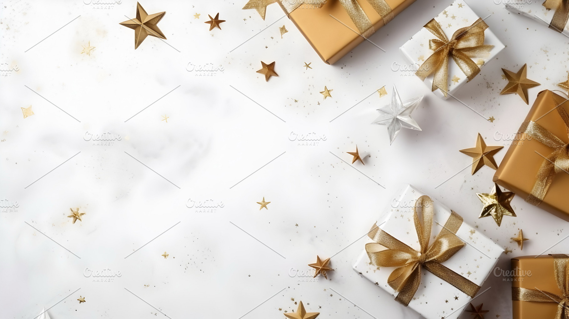 Elegant Christmas gifts wrapped in white and gold paper, adorned, a Holiday Photo by Mashimara