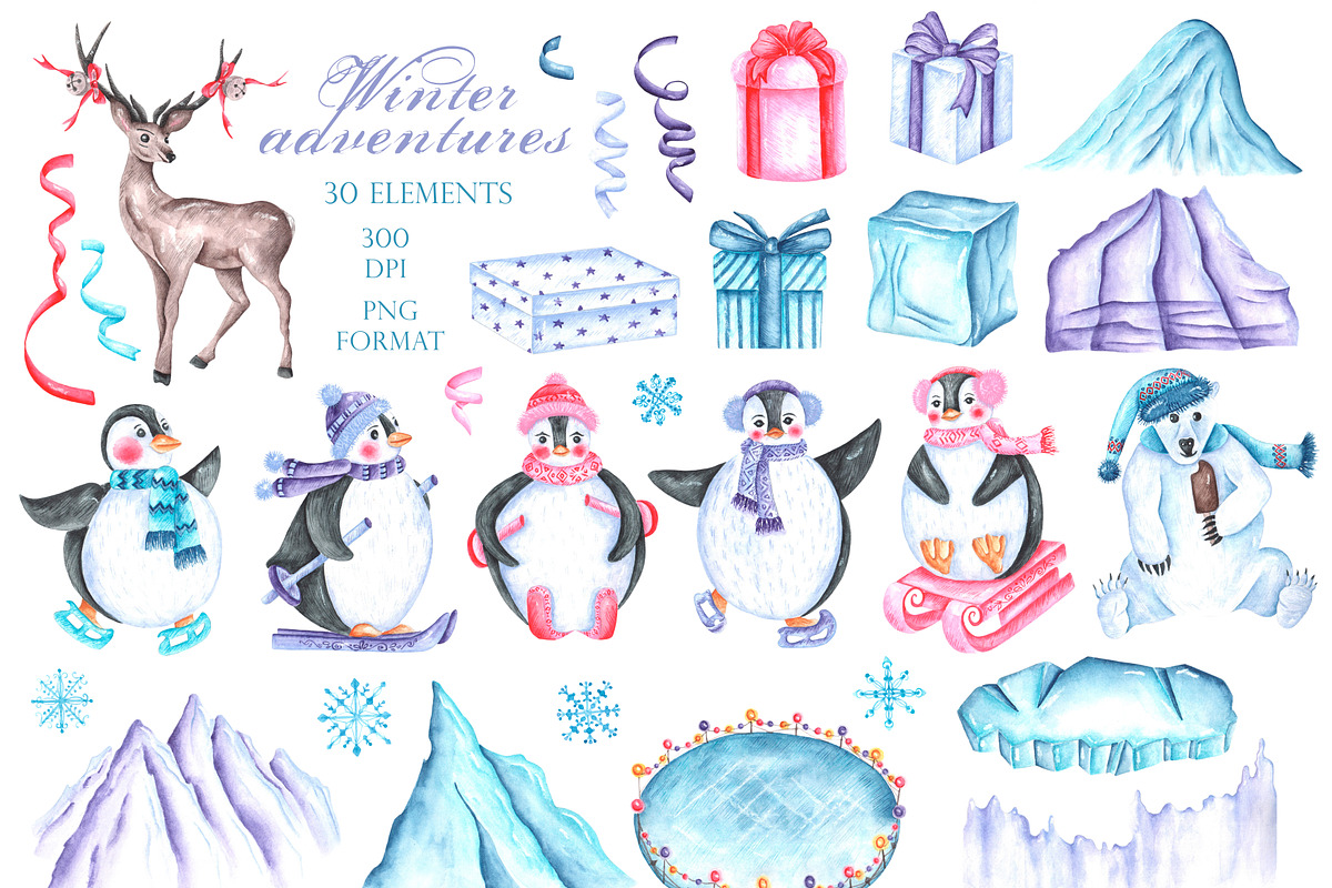 Winter adventures watercolor set., a Seasonal Illustration by SabinaWatercolorArt (Photo 2 of 17)