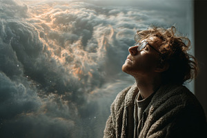 Man gazing through window at dreamy cloudy sky during sunset, a Photo by AS photostudio
