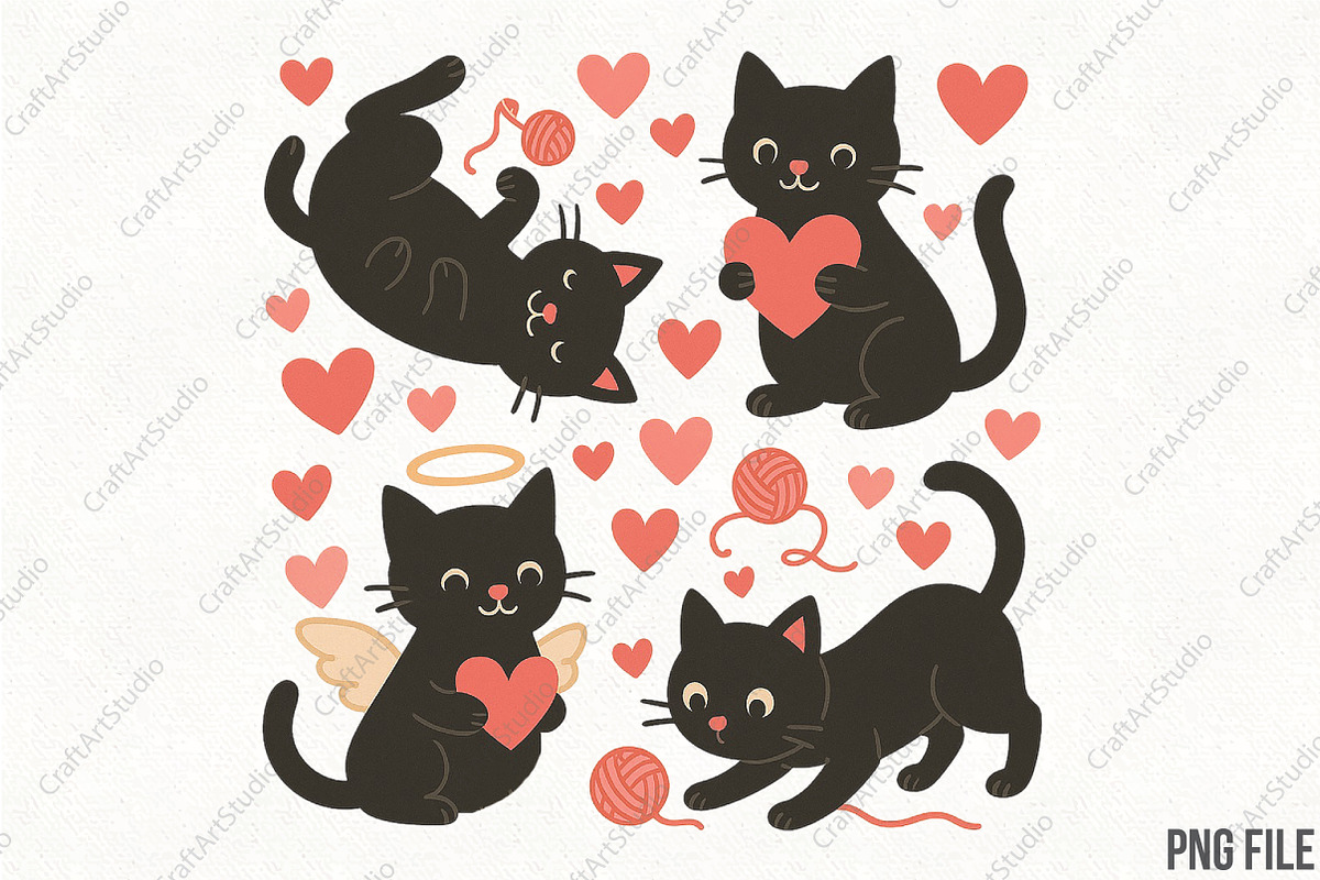 Valentine Cute Cats Funny Black PNG, an Illustration by CraftArtStudio (Photo 1 of 4)