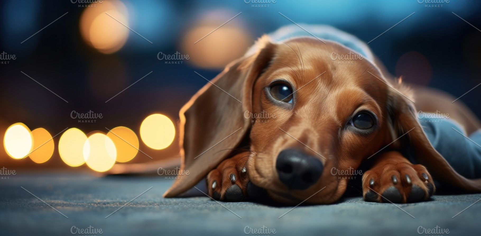 Dachshund with a sad face lies on a bed, an Animal Photo by zakiroff