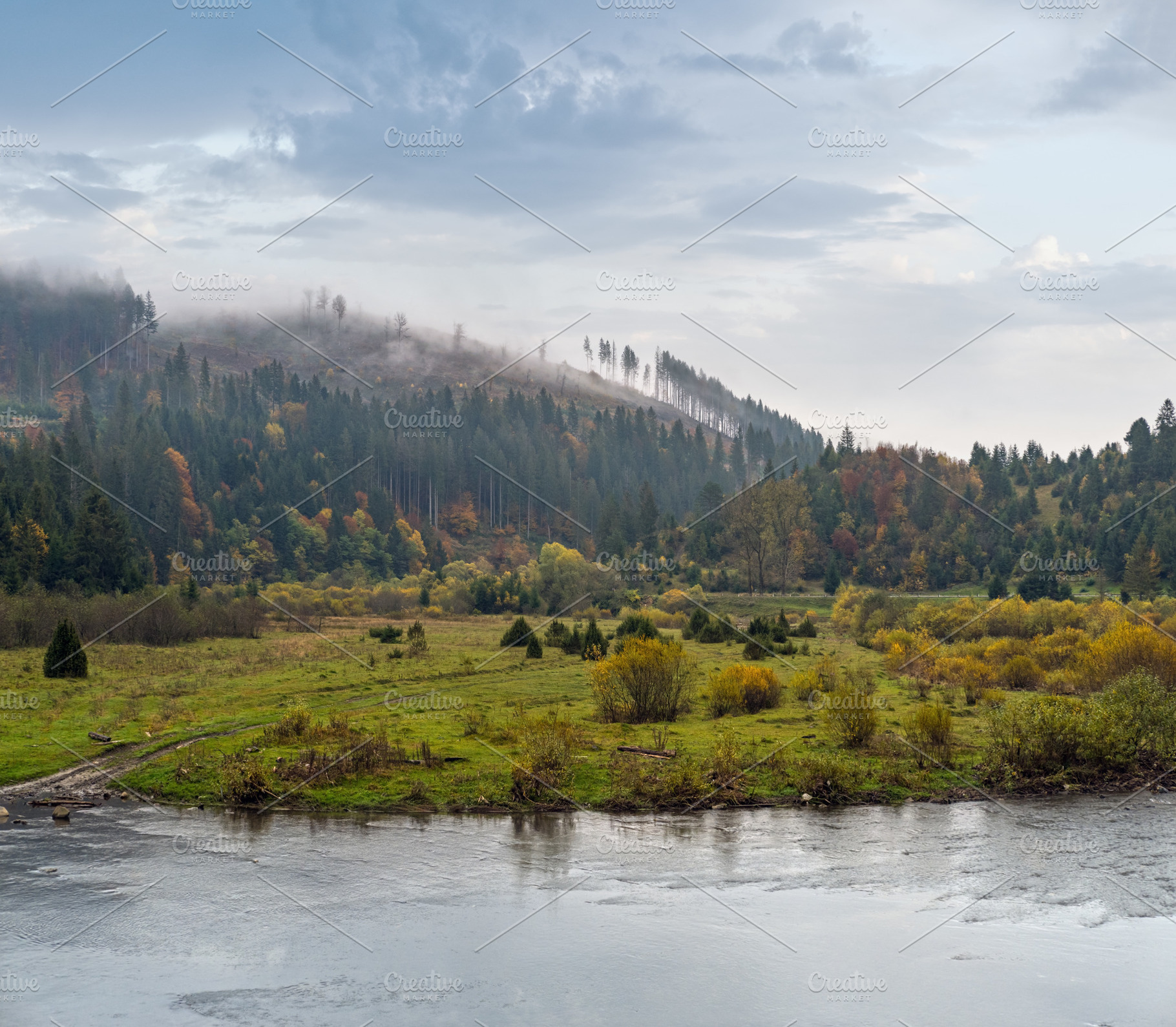 Foggy and overcast autumn day in Carpathian Mountains. Rika rive, a Nature Photo by YuriyB