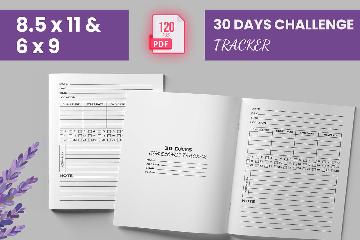 30 Days Challenge Tracker KDP, a Stationery Template by bossdesigner (Photo 1 of 3)