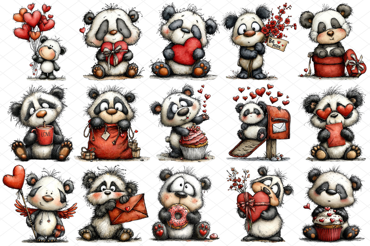 Whimsical Valentine Panda Clipart, an Illustration by cherrydesign (Photo 3 of 4)