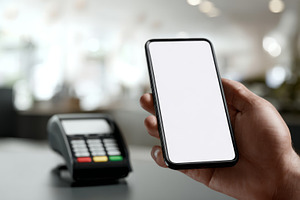 A person holds a smartphone ready to make a mobile payment at a card reader in, a Business Photo by ImageMir