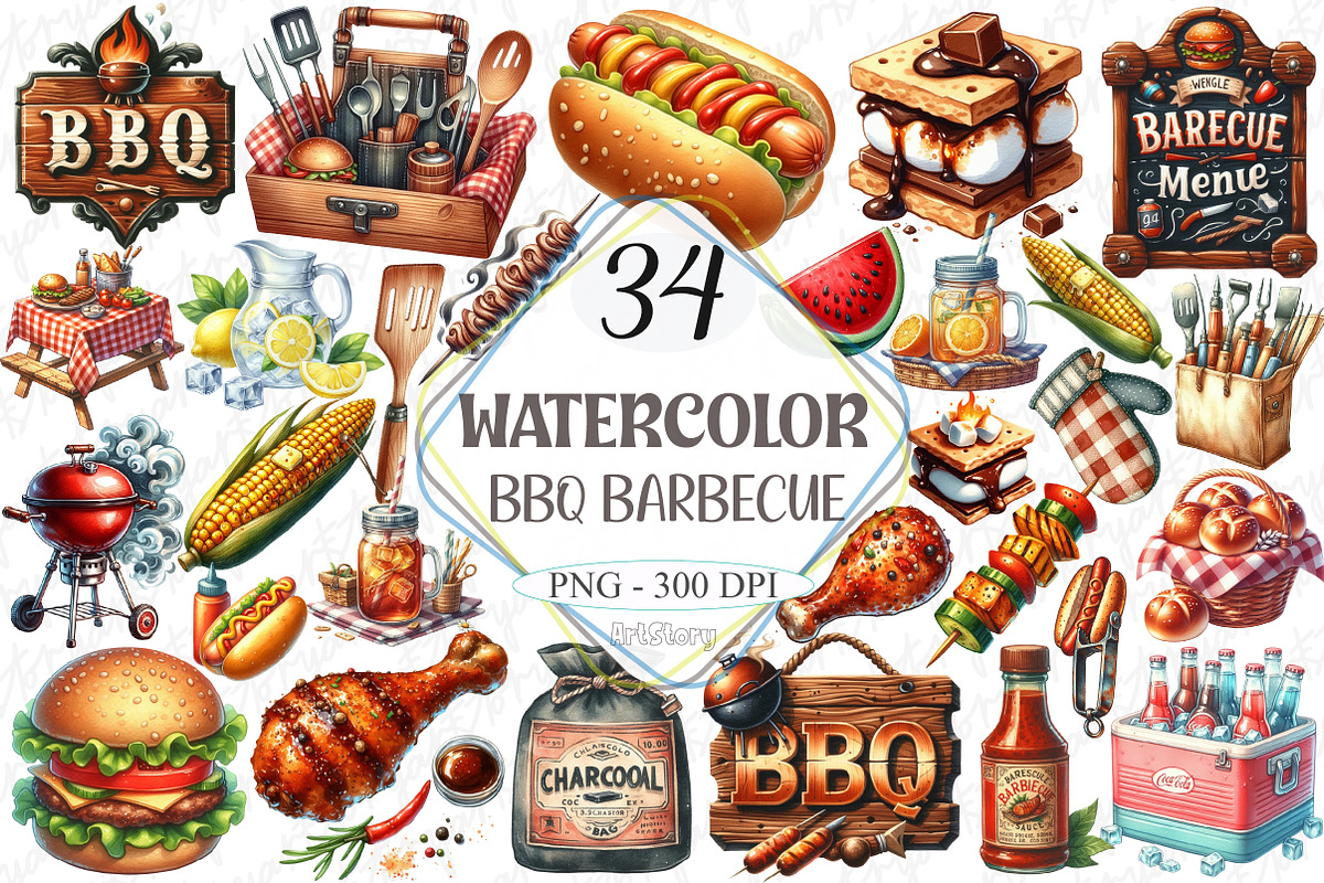 Watercolor Bbq Barbecue Clipart, a Graphic by designcity5 (Photo 1 of 5)