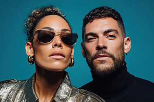 Stylish couple poses confidently in trendy sunglasses against vibrant blue back, a Photo by AlyaAnd