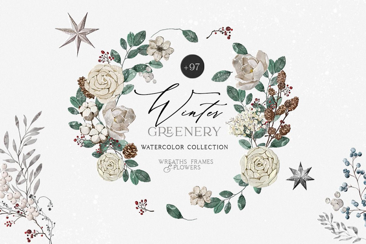 Winter Greenery Watercolor Set, an Illustration by NassyArt (Photo 1 of 10)