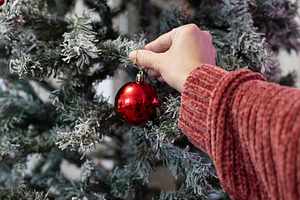 Woman hand placing ornament on Christmas tree, a Food & Drink Photo by etorres69