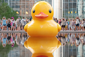Giant rubber duck floating in a city pond surrounded by onlookers capturing the, a Photo by AlyaAnd