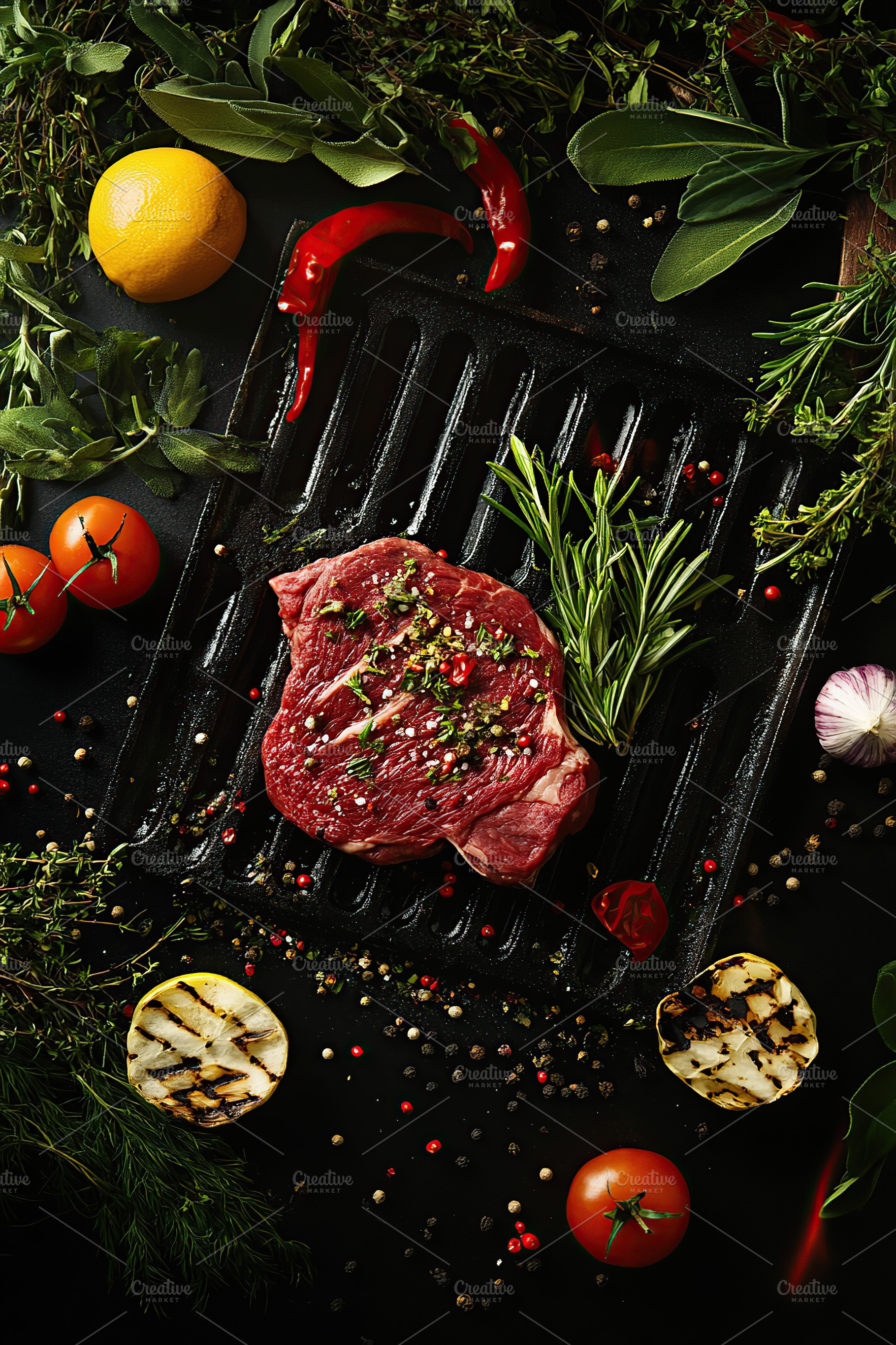 Perfectly seasoned steak grilling with fresh herbs and vibrant vegetables for a, a Food & Drink Photo by AlyaAnd