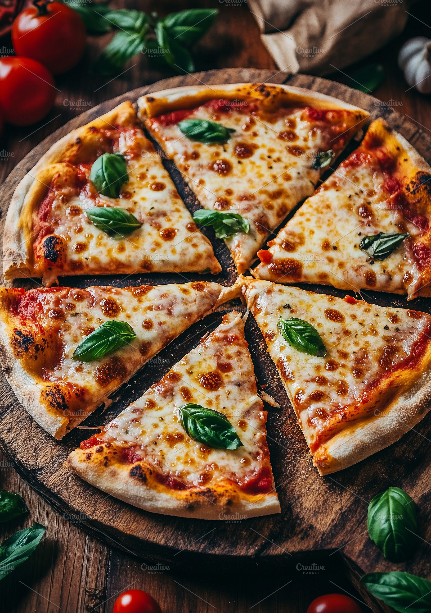 Top view on a margherita pizza, a Food & Drink Photo by MistyDay