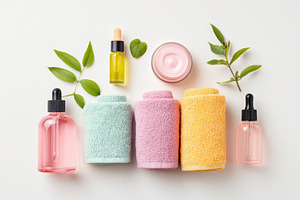 Collection of cosmetic bottles and jars with towels, a Beauty & Fashion Photo by AlyaAnd